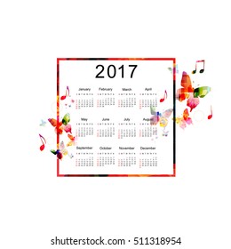 Calendar planner 2017 design template with colorful butterflies. Music themed calendar poster, week starts Sunday. Organization management concept, calendar isolated, vector illustration background