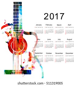 Calendar planner 2017 design template with colorful guitar. Music themed calendar poster, week starts Sunday. Organization management concept, calendar isolated, vector illustration background
