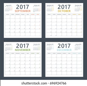 calendar planner 2017 on september, october, november and december, week starts monday