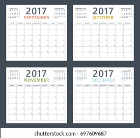 calendar planner 2017 on september, october, november and december, week starts sunday