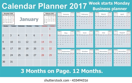 Calendar Planner for 2017 Year. 3 Months on Page. Week Starts Monday. 12 Months. Vector Stationery Design Print Template. Business calendar 2017.