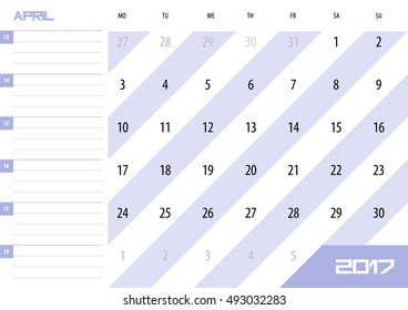 Calendar Planner for 2017 Year. April. Vector design template with place for notes. Week starts Monday. A4. Horizontal orientation