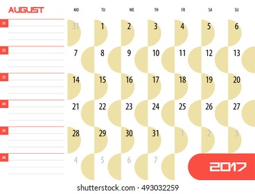 Calendar Planner for 2017 Year. Augustl. Vector design template with place for notes. Week starts Monday. A4. Horizontal orientation