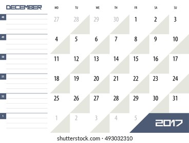 Calendar Planner for 2017 Year. December. Vector design template with place for notes. Week starts Monday. A4. Horizontal orientation