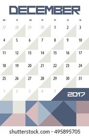 Calendar Planner for 2017 Year. December. Vector design template with place for notes. Week starts Monday. A4. Vertical  orientation