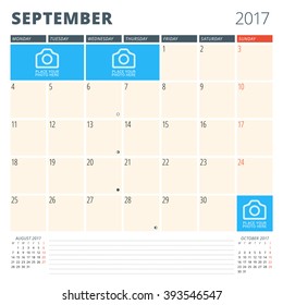 Calendar Planner for 2017 Year. Design Template with Place for Photos and Notes. September. Week Starts Monday
