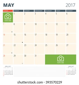 Calendar Planner for 2017 Year. Design Template with Place for Photos and Notes. May. Week Starts Sunday