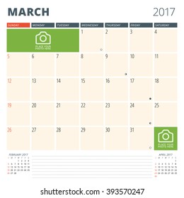 Calendar Planner for 2017 Year. Design Template with Place for Photos and Notes. March. Week Starts Sunday