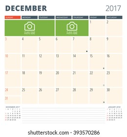 Calendar Planner for 2017 Year. Design Template with Place for Photos and Notes. December. Week Starts Sunday