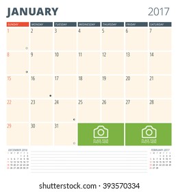 Calendar Planner for 2017 Year. Design Template with Place for Photos and Notes. January. Week Starts Sunday