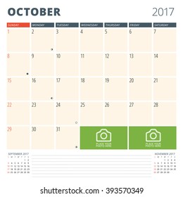 Calendar Planner for 2017 Year. Design Template with Place for Photos and Notes. October. Week Starts Sunday