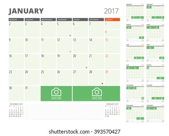 Calendar Planner for 2017 Year. Design Template with Place for Photos and Notes. Set of 12 Months. Week Starts Monday