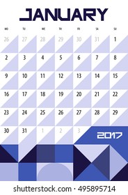 Calendar Planner for 2017 Year. January. Vector design template with place for notes. Week starts Monday. A4. Vertical  orientation