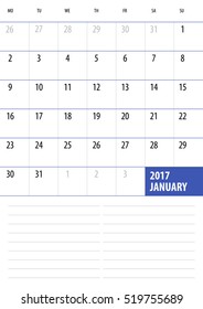 Calendar Planner for 2017 Year. January. Vector design template with place for notes. Week starts Monday. A4. Vertical orientation
