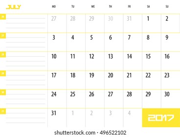 Calendar Planner for 2017 Year. July. Vector design template with place for notes. Week starts Monday. A4. Horizontal orientation
