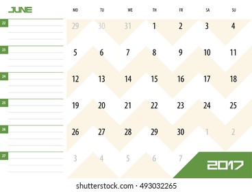 Calendar Planner for 2017 Year. June. Vector design template with place for notes. Week starts Monday. A4. Horizontal orientation
