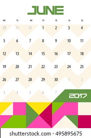 Calendar Planner for 2017 Year. June. Vector design template with place for notes. Week starts Monday. A4. Vertical  orientation