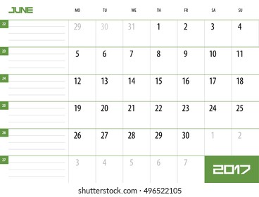 Calendar Planner for 2017 Year. June. Vector design template with place for notes. Week starts Monday. A4. Horizontal orientation