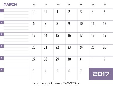 Calendar Planner for 2017 Year. March. Vector design template with place for notes. Week starts Monday. A4. Horizontal orientation