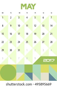 Calendar Planner for 2017 Year. May. Vector design template with place for notes. Week starts Monday. A4. Vertical  orientation