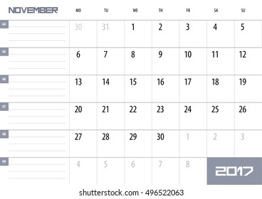 Calendar Planner for 2017 Year. November. Vector design template with place for notes. Week starts Monday. A4. Horizontal orientation