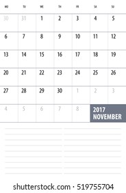 Calendar Planner for 2017 Year. November. Vector design template with place for notes. Week starts Monday. A4. Vertical  orientation