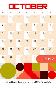 Calendar Planner for 2017 Year. October. Vector design template with place for notes. Week starts Monday. A4. Vertical  orientation