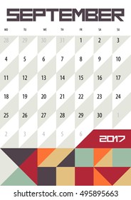 Calendar Planner for 2017 Year. September. Vector design template with place for notes. Week starts Monday. A4. Vertical  orientation
