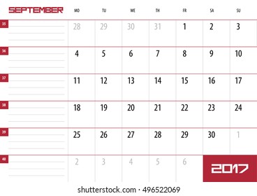 Calendar Planner for 2017 Year. September. Vector design template with place for notes. Week starts Monday. A4. Horizontal orientation