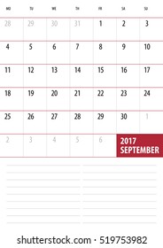 Calendar Planner for 2017 Year. September. Vector design template with place for notes. Week starts Monday. A4. Vertical orientation