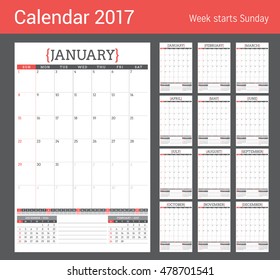 Calendar Planner for 2017 Year. Stationery Design Template. Set of 12 Months. Week Starts Sunday. Vector Illustration