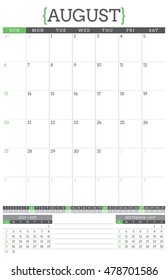 Calendar Planner for 2017 Year. Stationery Design Template. August. Week Starts Sunday. Vector Illustration