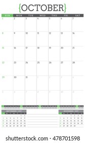 Calendar Planner for 2017 Year. Stationery Design Template. October. Week Starts Sunday. Vector Illustration