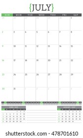 Calendar Planner for 2017 Year. Stationery Design Template. July. Week Starts Sunday. Vector Illustration