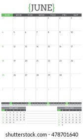 Calendar Planner for 2017 Year. Stationery Design Template. June. Week Starts Sunday. Vector Illustration