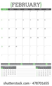 Calendar Planner for 2017 Year. Stationery Design Template. February. Week Starts Sunday. Vector Illustration