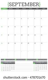 Calendar Planner for 2017 Year. Stationery Design Template. September. Week Starts Sunday. Vector Illustration