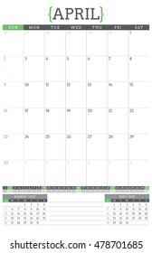 Calendar Planner for 2017 Year. Stationery Design Template. April. Week Starts Sunday. Vector Illustration