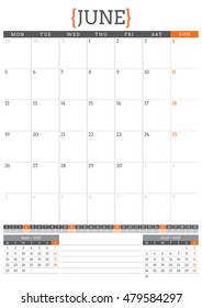 Calendar Planner for 2017 Year. Stationery Design Template. June. Week Starts Monday. Vector Illustration