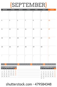 Calendar Planner for 2017 Year. Stationery Design Template. September. Week Starts Monday. Vector Illustration