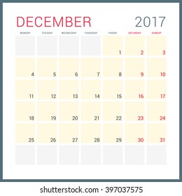Calendar Planner for 2017 Year. Vector Flat Design Template. December. Week Starts Monday. Stationery Design