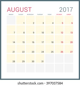 Calendar Planner for 2017 Year. Vector Flat Design Template. August. Week Starts Monday. Stationery Design