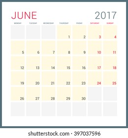 Calendar Planner for 2017 Year. Vector Flat Design Template. June. Week Starts Monday. Stationery Design