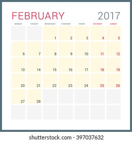 Calendar Planner for 2017 Year. Vector Flat Design Template. February. Week Starts Monday. Stationery Design