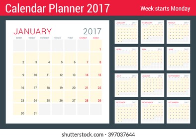 Calendar Planner for 2017 Year. Vector Flat Design Template. 12 Months. Week Starts Monday. Stationery Design