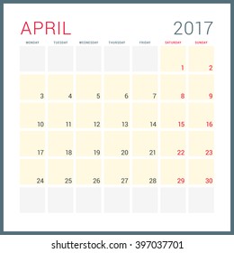 Calendar Planner for 2017 Year. Vector Flat Design Template. April. Week Starts Monday. Stationery Design