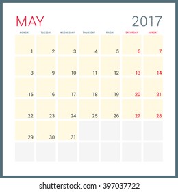 Calendar Planner for 2017 Year. Vector Flat Design Template. May. Week Starts Monday. Stationery Design
