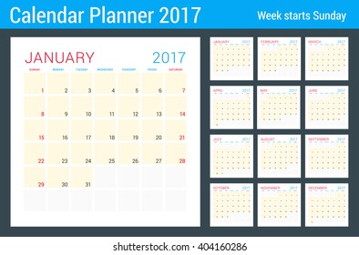 Calendar Planner for 2017 Year. Vector Flat Design Template. 12 Months. Week Starts Sunday. Stationery Design