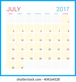 Calendar Planner for 2017 Year. Vector Flat Design Template. July. Week Starts Sunday. Stationery Design