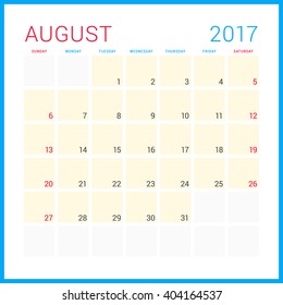 Calendar Planner for 2017 Year. Vector Flat Design Template. August. Week Starts Sunday. Stationery Design